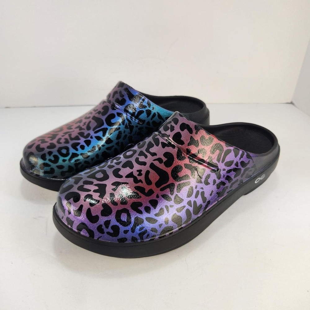 OOFOS OOcloog Clogs M8 W10 Multicolor Leopard Print Recovery Slip On Shoes
